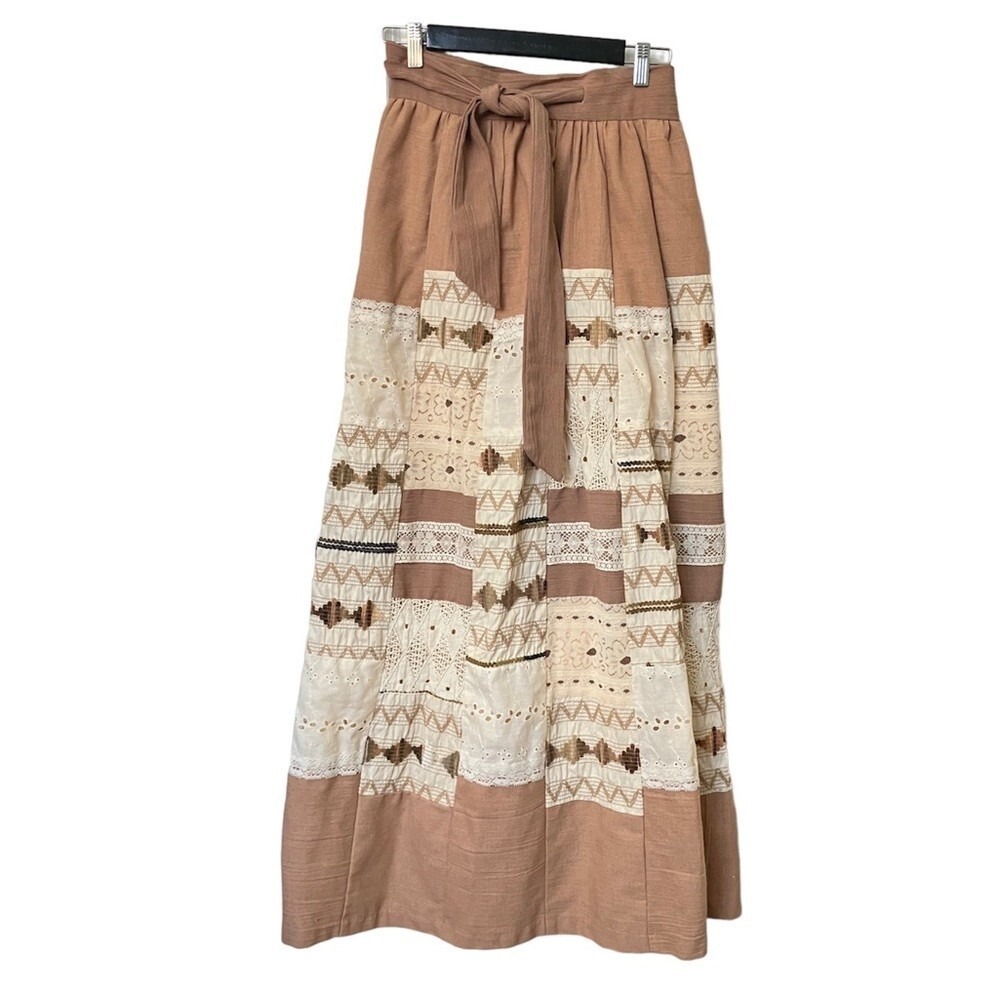 Vintage Shamash & Yofi Creations Patchwork Maxi Skirt Tan Cream Lace Gunne Sax
